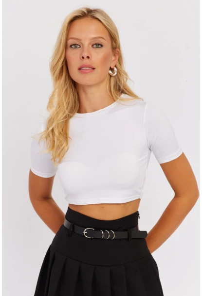 Kadın Beyaz Sırt Dekolteli Crop Bluz CY450