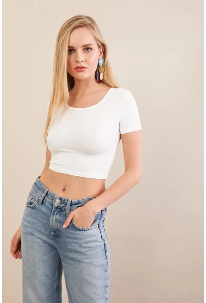 Kadın Beyaz Sırtı Açık Crop Bluz AN6038