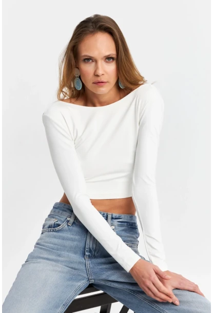 Kadın Beyaz Sırtı Açık Crop Bluz EV21