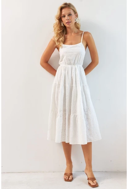 Kadın Beyaz Sırtı Gipeli Astarlı Midi Elbise BK267229