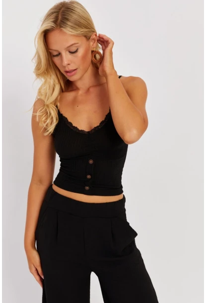 Kadın Beyaz-Siyah Askılı Dantelli Bluz MK07