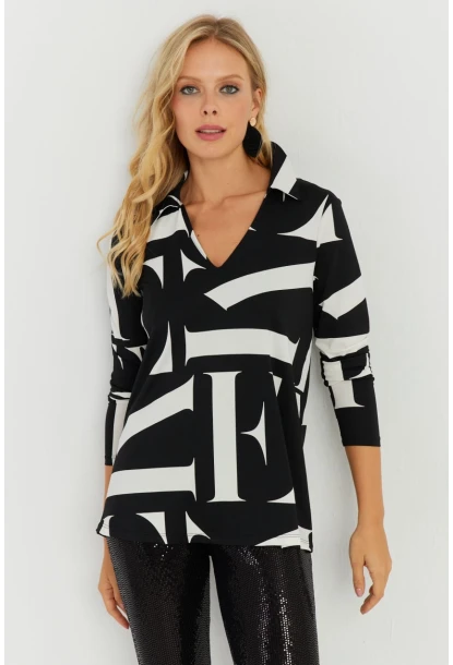Kadın Beyaz-Siyah Desenli Polo Yaka Bluz AYD240