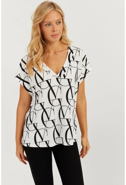 Kadın Beyaz-Siyah V Yaka Desenli Bluz AYD293
