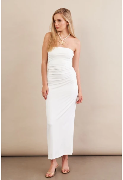 Kadın Beyaz Straplez Büzgülü Midi Elbise MX2005