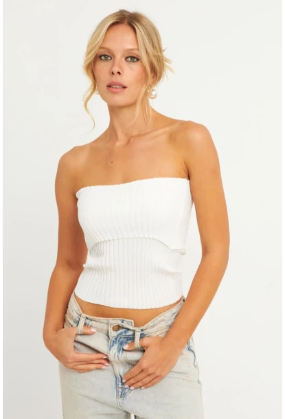Kadın Beyaz Straplez Triko Bluz YV240