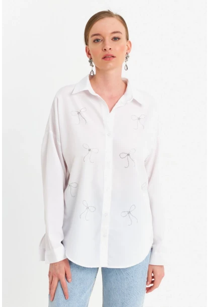Kadın Beyaz Taşlı Gömlek MZER426
