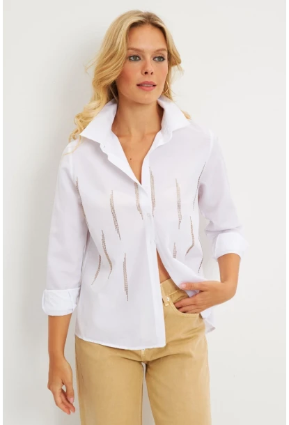 Kadın Beyaz Taşlı Gömlek ZER404