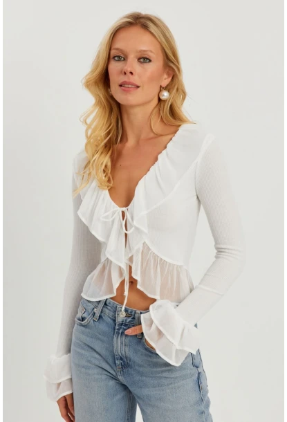 Kadın Beyaz Tül Detaylı Fırfırlı Hırka AYD313