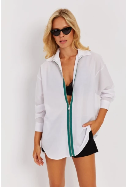 Kadın Beyaz Yeşil Fermuarlı Uzun Gömlek SF1317