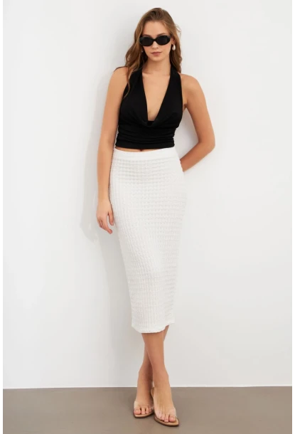 Kadın Beyaz Yırtmaçlı Bürümcük Midi Etek ZH329
