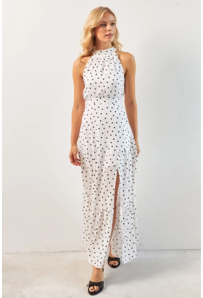 Kadın Beyaz Yırtmaçlı Puantiyeli Midi Elbise KED4233