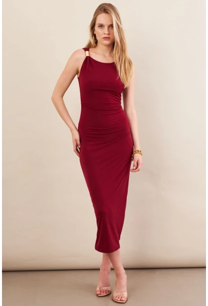 Kadın Bordo Aksesuarlı Büzgülü Midi Elbise İRE102