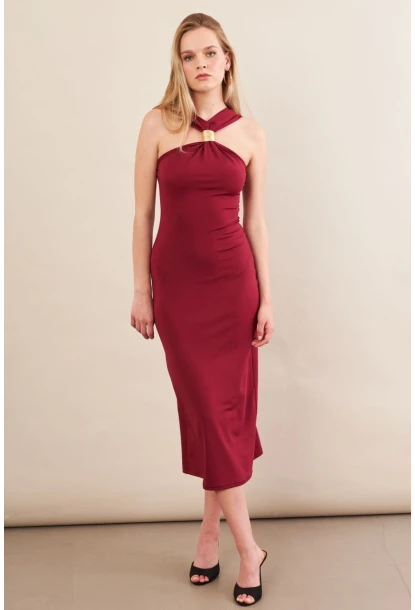 Kadın Bordo Aksesuarlı Midi Elbise İRE101