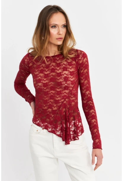Kadın Bordo Asimetrik Dantel Bluz MTK13288