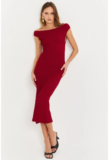 Kadın Bordo Asimetrik Yaka Gofre Midi Elbise MOD2358