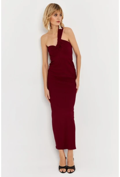 Kadın Bordo Asimetrik Yaka Maxi Elbise NH25455