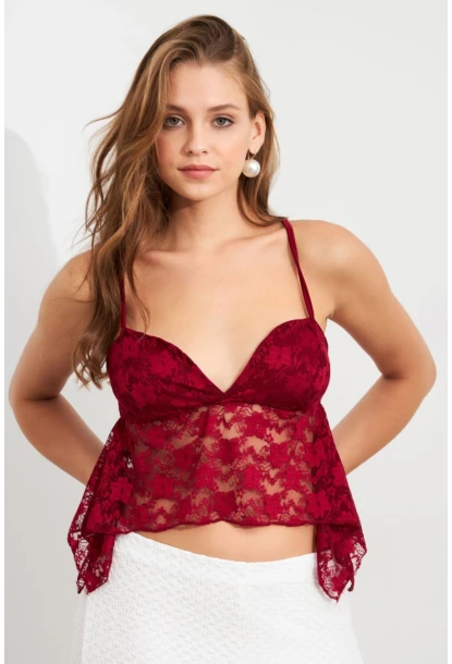 Kadın Bordo Askılı Dantel Crop Bluz MTK13458