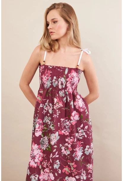 Kadın Bordo Askılı Gipeli Midi Elbise OR500