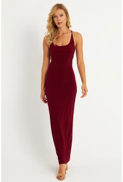 Kadın Bordo Ayarlanabilir Askılı Maxi Elbise MEN2004