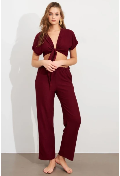 Kadın Bordo Bağlamalı Bürümcük Takım Q1012