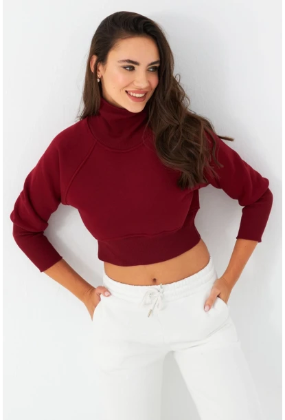 Kadın Bordo Balıkçı Crop Sweatshirt DY1469