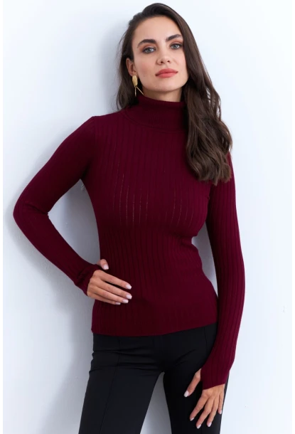 Kadın Bordo Balıkçı Yaka Triko Bluz YV102-90