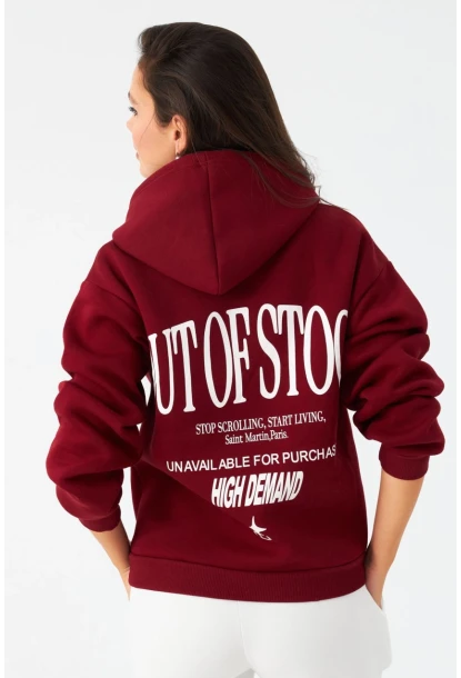 Kadın Bordo Baskılı Kapüşonlu Sweatshirt DY1451