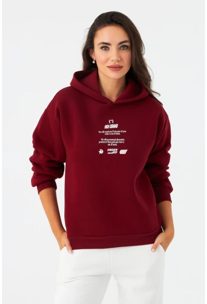 Kadın Bordo Baskılı Kapüşonlu Sweatshirt DY1451