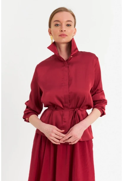 Kadın Bordo Beli Bağlamalı Saten Gömlek MMRS4212