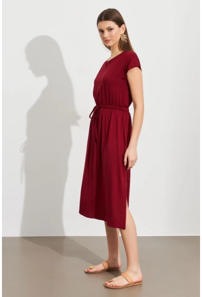 Kadın Bordo Beli Büzülebilir Midi Elbise MURO1193
