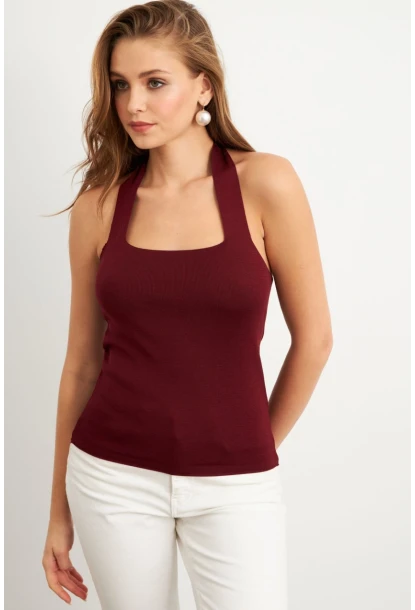 Kadın Bordo Boyundan Bağlamalı Triko Bluz YV356