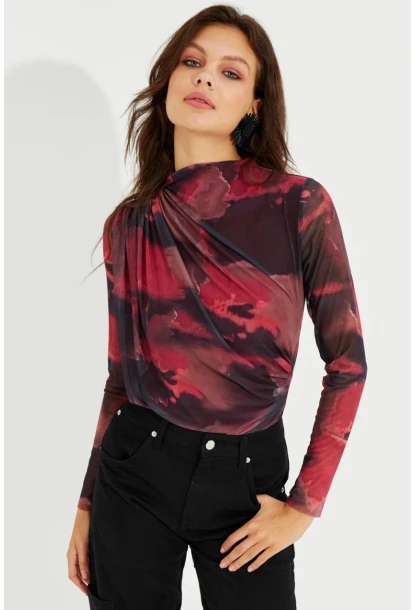 Kadın Bordo Büzgülü Astarlı Tül Bluz LPP1231