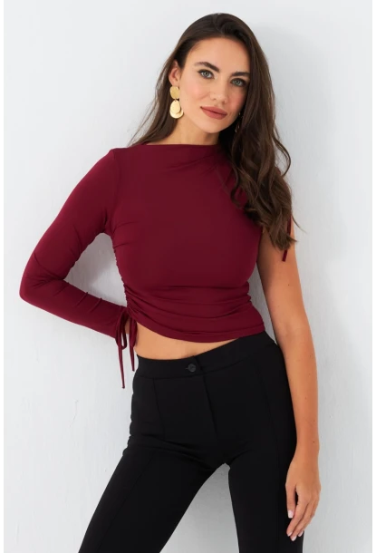 Kadın Bordo Büzülebilir Tek Kol Bluz CG390