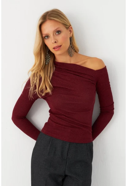 Kadın Bordo Çapraz Yaka Simli Bluz ERL10060