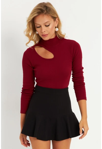 Kadın Bordo Çapraz Yaka Yarım Balıkçı Bluz B1404