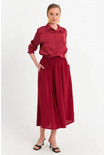 Kadın Bordo Cepli Midi Etek MSH20194