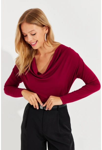 Kadın Bordo Degaje Yaka Bluz LPP1234