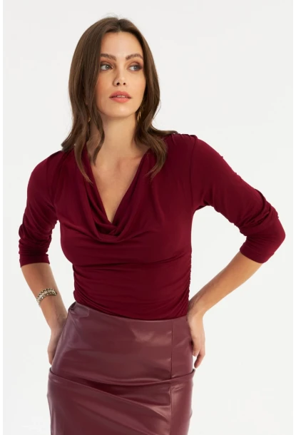 Kadın Bordo Degaje Yaka Büzgülü Bluz FRY2248