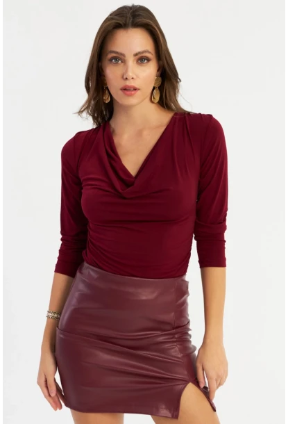 Kadın Bordo Degaje Yaka Büzgülü Bluz FRY2248