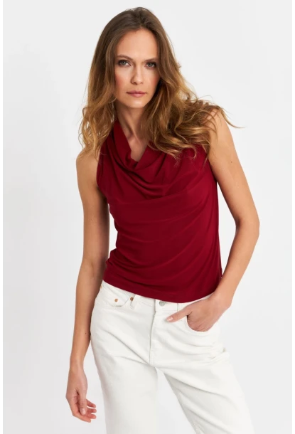 Kadın Bordo Degaje Yaka Kolsuz Bluz LPP1226-90