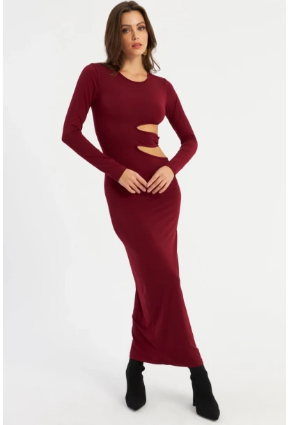 Kadın Bordo Dekolteli Maxi Elbise LİK9