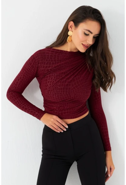 Kadın Bordo Desenli Büzgülü Bluz LPP1279