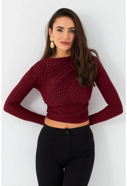 Kadın Bordo Desenli Büzgülü Bluz LPP1279