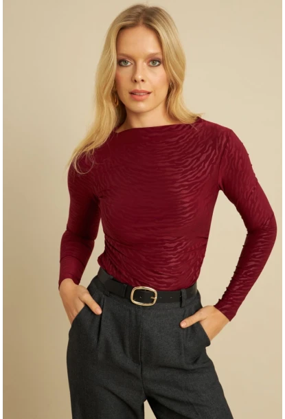 Kadın Bordo Desenli Büzgülü Bluz LPP1298