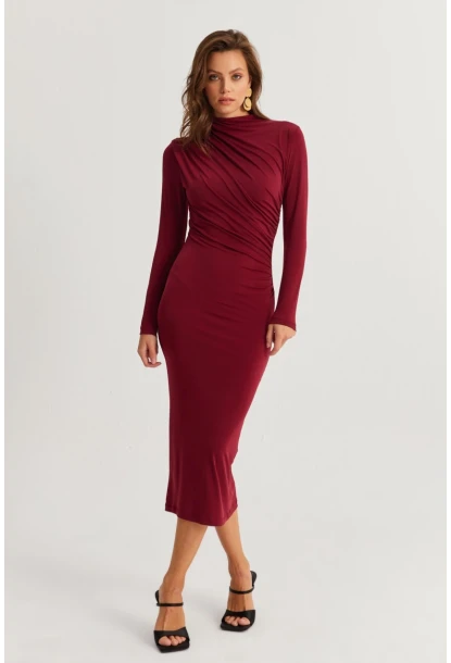 Kadın Bordo Drape Maxi Elbise DMR377