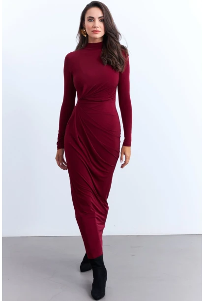 Kadın Bordo Drapeli Maxi Elbise LİK12
