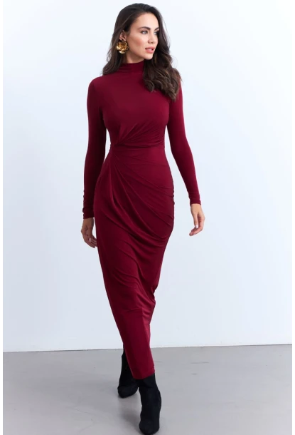 Kadın Bordo Drapeli Maxi Elbise LİK12