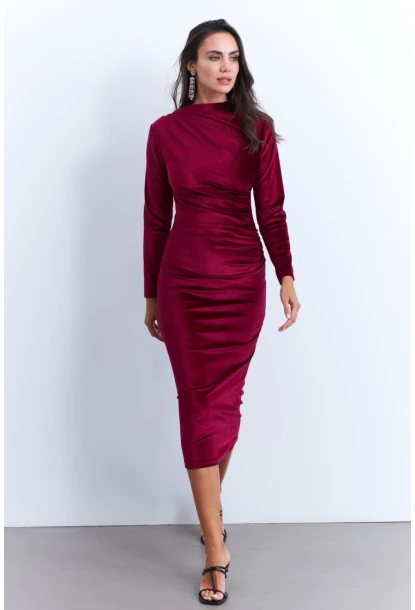 Kadın Bordo Drapeli Midi Elbise MON1113