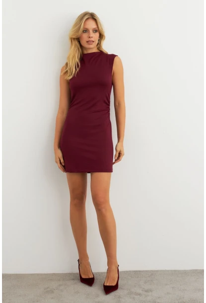 Kadın Bordo Drapeli Mini Elbise SE6