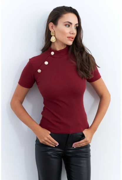 Kadın Bordo Düğme Aksesuarlı Kaşkorse Bluz EY2560
